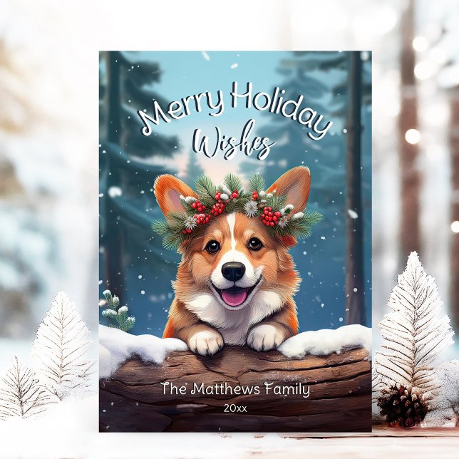 Cartão De Festividades Peeking Corgi Winter Wonderland Feliz Natal (Adorable Winter Snowy Scene With Peeking Dogs or Farm/Woodland Animals - Over 50 to Choose From!)