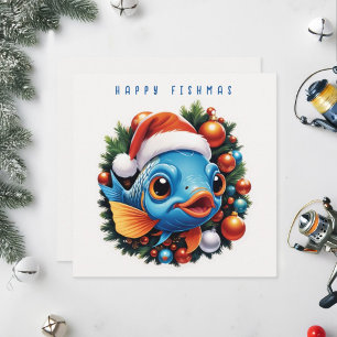 Cartão De Festividades Peixe feliz usando chapéu de Papai Noel.