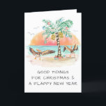 Cartão De Festividades Pelicanos e Palm Tree Beach no Natal<br><div class="desc">O cartão de Natal costeiro apresenta duas aves marinhas pelicanas batendo suas asas de alegria ao ver uma palmeira árvore de Natal e presentes na praia. Saudações à frente dizem: "Boas apresentações para o Natal e um Ano Novo Feliz". A saudação no dentro diz "Seas & Saudações". Todo texto pode...</div>