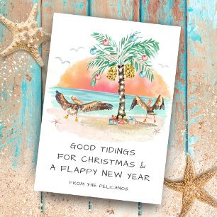 Cartão De Festividades Pelicanos e Palmeira Natal Tropical da Praia Coste