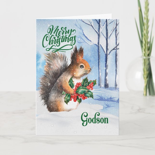 Cartão De Festividades pelo Godson Christmas Squirrel Winter Woodland (Frente)
