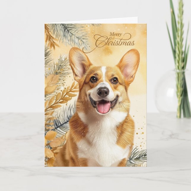 Cartão De Festividades Pembroke Welsh Corgi Dog and Golden Pines (Frente)