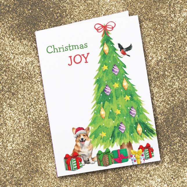 Cartão De Festividades Pembroke Welsh Corgi Dog, Bird and Christmas Tree (Criador carregado)