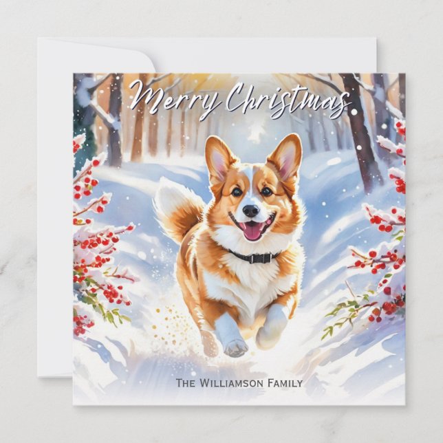 Cartão De Festividades Pembroke Welsh Corgi No Natal Da Neve (Frente)