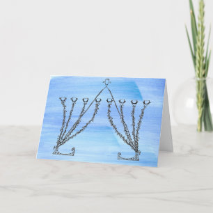 Cartão De Festividades Pen and Ink Fancy Chanukah Menorah on Blue Field