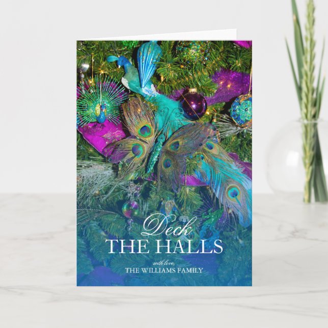 Cartão De Festividades Pena do pavão e decorações coloridas da árvore (Frente)