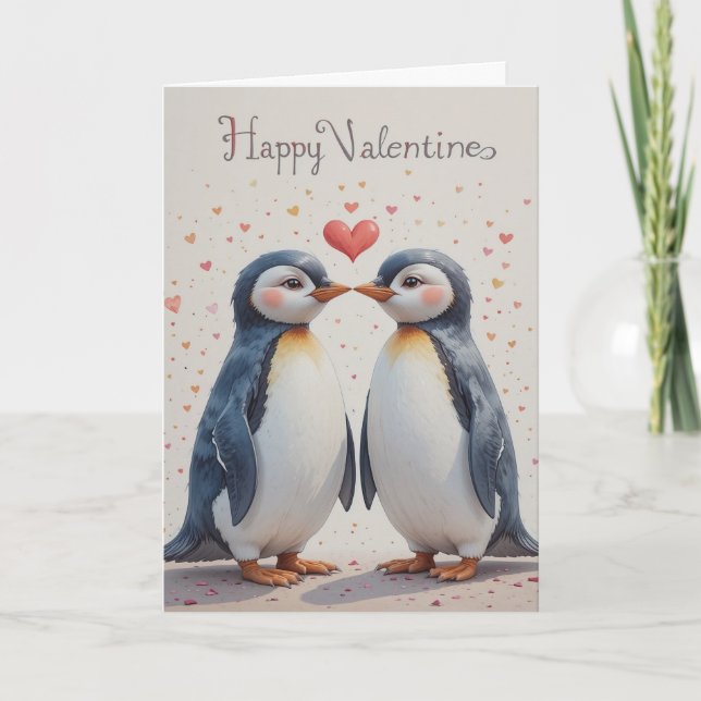 Cartão De Festividades Penguin Valentine Sweet Winter Love Couple  (Frente)