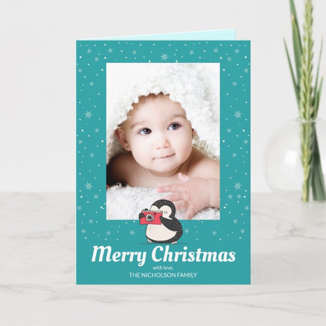 Cartão De Festividades Penguin Winter Holiday Criando Memórias Foto (Frente)
