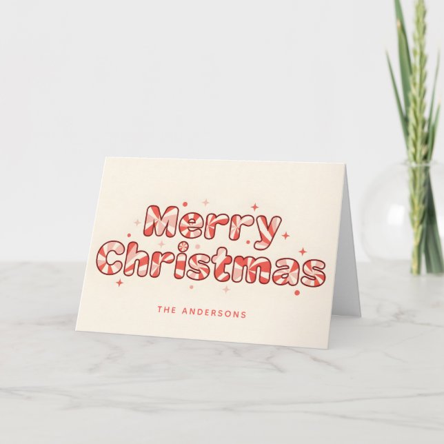Cartão De Festividades Peppermint Retro Script Feliz Natal (Frente)