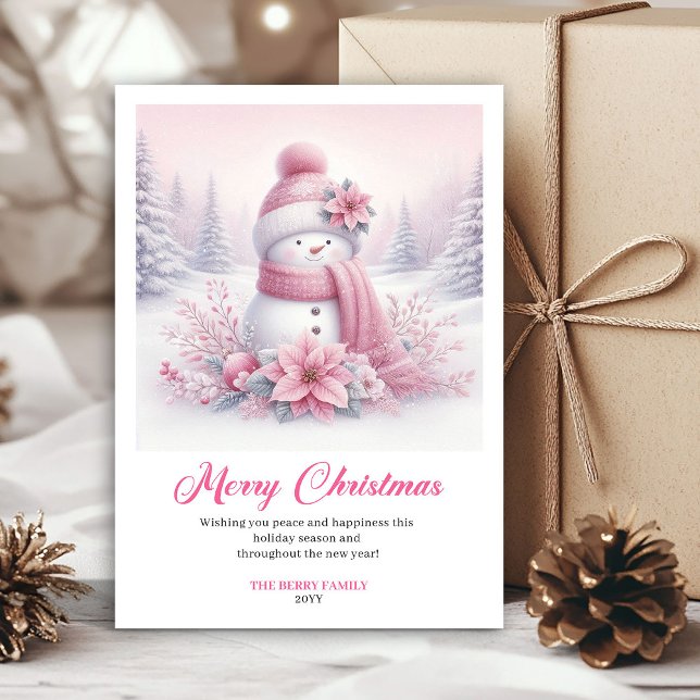 Cartão De Festividades Peppy pink snowman kids greeting card editable art (Peppy pink snowman kids greeting card editable art)