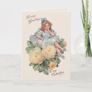Cartão De Festividades Pequena Vintage Girl, Rosas e Namorados Saudações