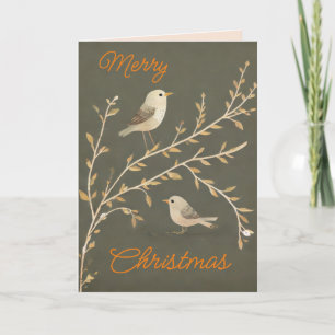 Cartão De Festividades Pequenas aves em galho - desejos de Natal