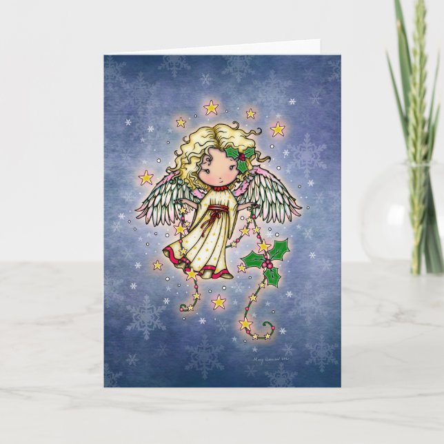 Cartão De Festividades Pequeno Anjo de Natal com Arte de Azevinho  (Frente)