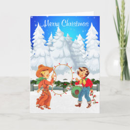 Cartão De Festividades Pequeno Cowboy e Cowgirl com Luzes de Corda no inv