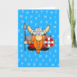Cartão De Festividades Pequeno e Bonitinho Viking Corre Fundo Azul