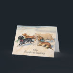 Cartão De Festividades Perseguição dos cães dos Dachshunds com vintage do<br><div class="desc">Uma reprodução de uma imagem do vintage mostra o Natal com três Dachshunds,  perseguição preta dos cães do Wiener de Brown com porco,  visco datado de 1908 [Z11065]</div>