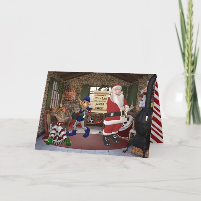 Cartão De Festividades Personalizado da oficina do papai noel (Frente)