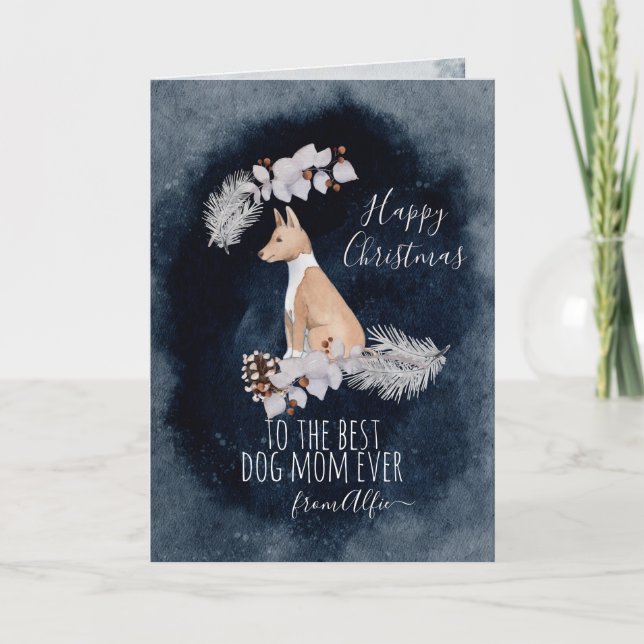 Cartão De Festividades Personalizado Watercolor Basenji Mãe Natal (Frente)