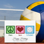 Cartão De Festividades Personalizável de vôlei Peace Love<br><div class="desc">Um sinal de paz,  coração,  e um bonito vôlei em um cartão de feriado bonito. Eu adoro vôlei,  praia,  interior,  você o chama! Cartões de Natal da equipe bonito de vôlei para feriados felizes com seus colegas jogadores ou treinador.</div>