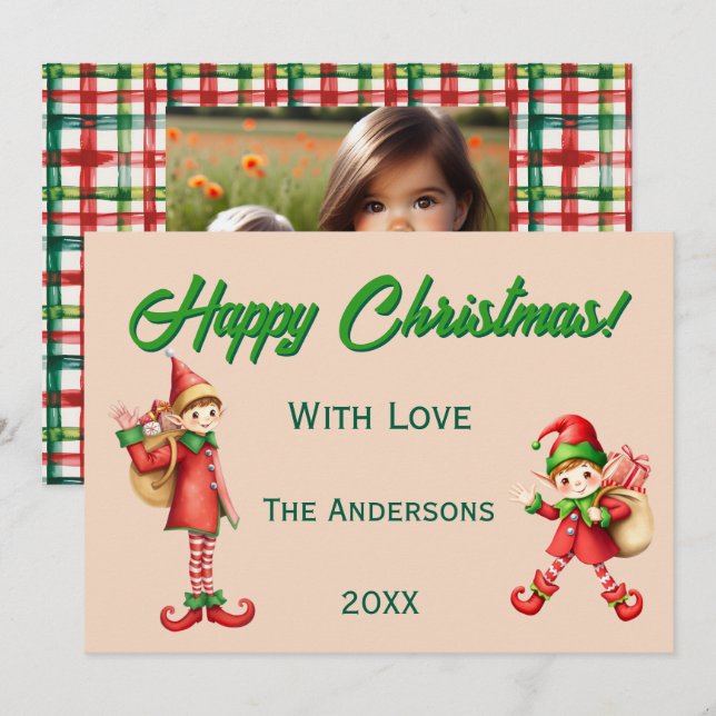 Cartão De Festividades Personalized Cute Little Elf Christmas Photo (Frente/Verso)