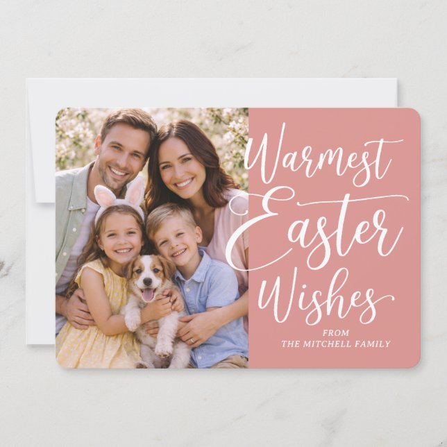 Cartão De Festividades Personalized Family Photo Happy Easter Coral Pink (Frente)