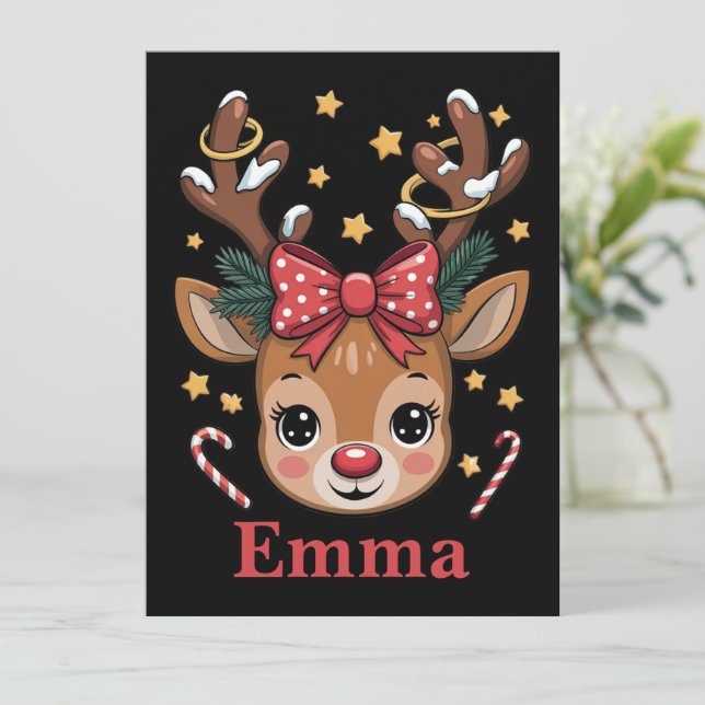 Cartão De Festividades Personalized Girl Christmas Reindeer Family Xmas (Em pé/Frente)