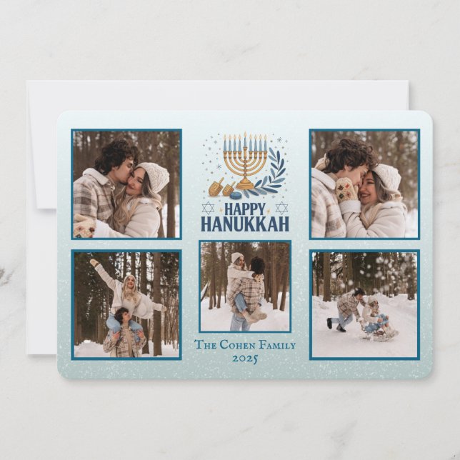 Cartão De Festividades Personalized Happy Hanukkah Card with 5 Photos (Frente)