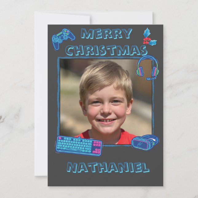 Cartão De Festividades Personalized Neon Gamer Photo Flat Christmas  (Frente)