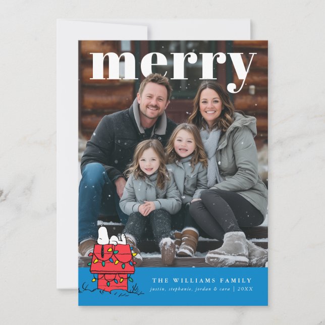 Cartão De Festividades Personalized Photo Holiday Snoopy Doghouse (Frente)