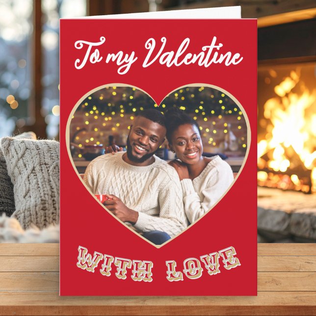 Cartão De Festividades Personalized Photo Romantic Heart Valentine’s Day (A classic Valentine's card in red with custom photo in a heart shaped frame and decorative text)