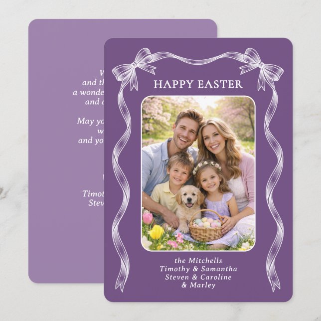 Cartão De Festividades Personalized Photo White Ribbon On Violet Easter (Frente/Verso)
