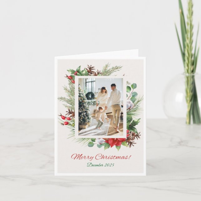 Cartão De Festividades Personalized Red & Green Floral Christmas Card  (Frente)