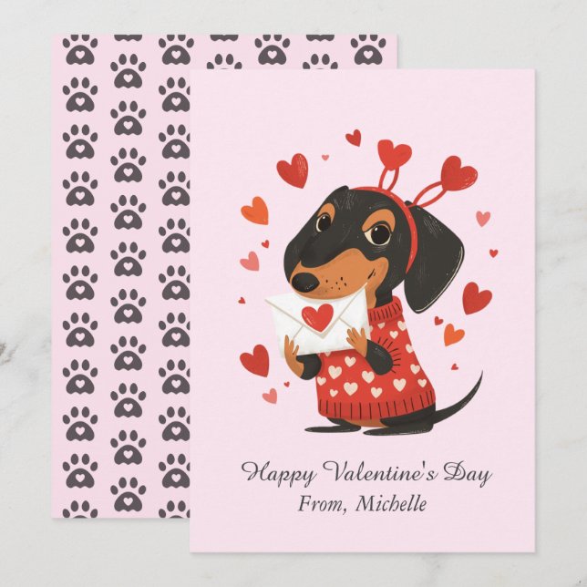 Cartão De Festividades Personalized Red Hearts Dachshund Valentine's Day  (Frente/Verso)