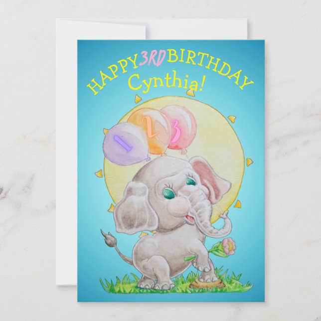 Cartão De Festividades Personalized Three Years Old Girls Birthday Card  (Frente)