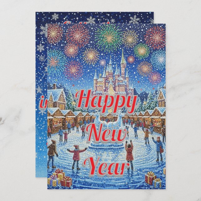 Cartão De Festividades Personalized Whimsical Winter Fireworks greeting (Frente/Verso)
