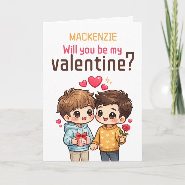 Cartão De Festividades Personalized Will You Be My Valentine Gay Couple (Frente)