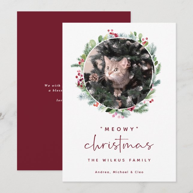 Cartão De Festividades Pet Christmas Card with Photo Cat Wreath (Frente/Verso)
