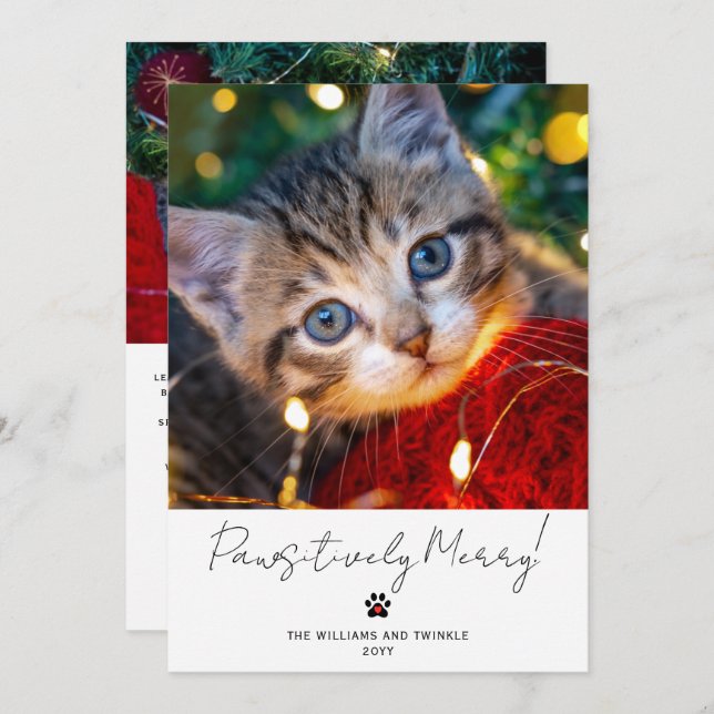 Cartão De Festividades Pet Photo 2 Picture Script Calligraphy Paw Print (Frente/Verso)