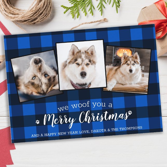 Cartão De Festividades Pet Photo Blue Xadrez Natal personalizado para o s (Criador carregado)