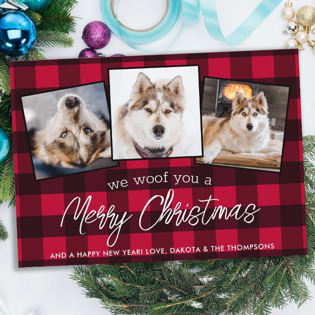Cartão De Festividades Pet Photo Dog da Xadrez Vermelha no Natal (Criador carregado)