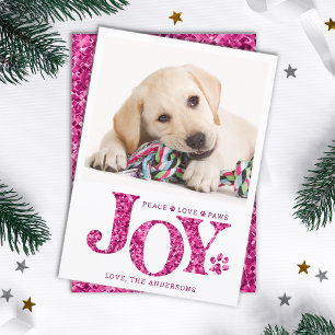 Cartão De Festividades Pet Photo Personalizado JOY Pink Paw Print Dog