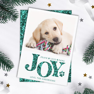 Cartão De Festividades Pet Photo Personalizado JOY Teal Paw Print Dog