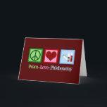 Cartão De Festividades Phlebotomist Peace Love Phlebotomy Office<br><div class="desc">Um presente de Natal Phlebotomista legal para um especialista em desenhar e agulhas de sangue. Um sinal de paz,  coração e frascos de sangue. Flebotomia do Amor pela Paz.</div>