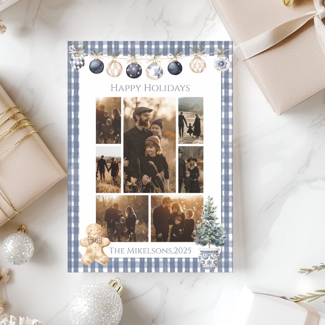 Cartão De Festividades Photo Blue Gingham Ornament Family Christmas (Criador carregado)