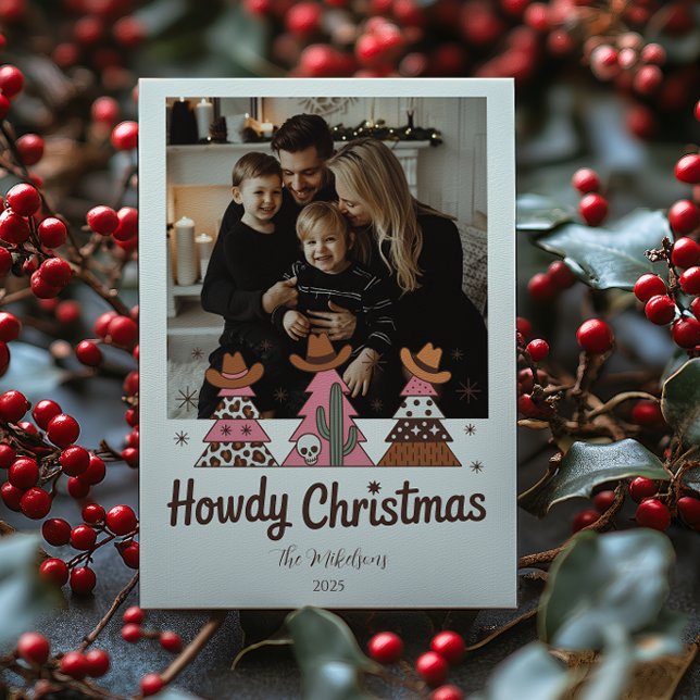 Cartão De Festividades Photo Boho Western Pink Cowgirl Christmas (Criador carregado)