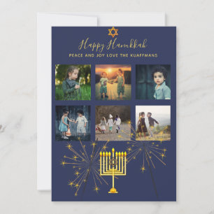Cartão De Festividades Photo Collage Hanukkah Modern Blue Mauve Gold