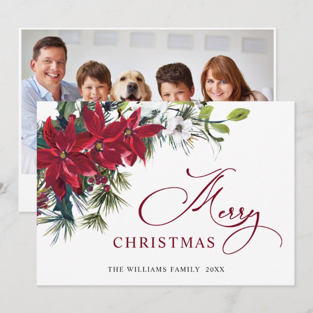 Cartão De Festividades PHOTO Elegante Poinsettia Saudação de Natal (Frente/Verso)