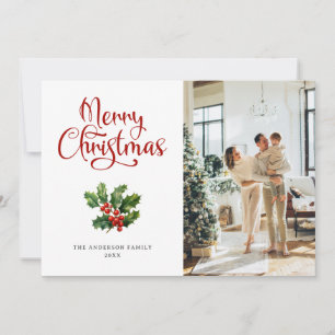 Cartão De Festividades Photo Holly Berries Script Merry Christmas Card