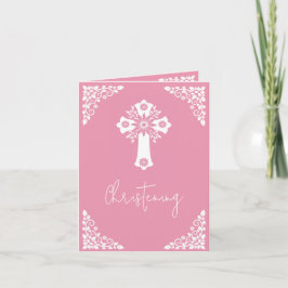 Cartão De Festividades Photo Invitation For Christening Cross Rose Pink