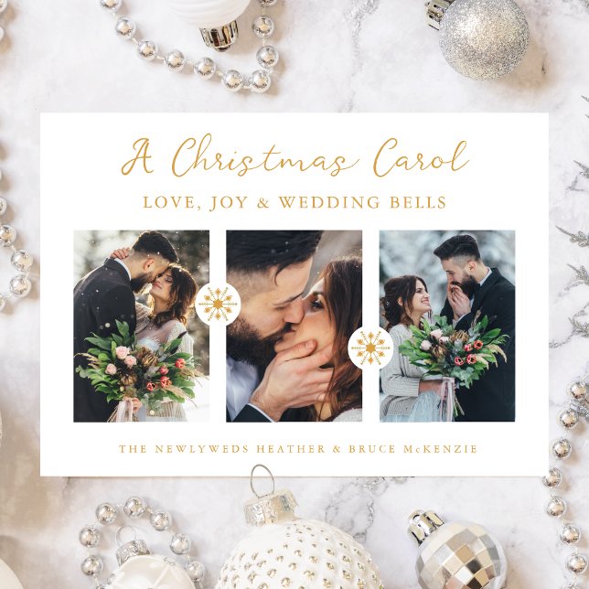 Cartão De Festividades Photo Minimal Snowflakes Newlyweds First Christmas (Minimalist Snowflakes Newlyweds First Christmas 3 Photos Collage In Faux Gold Holiday Card.)